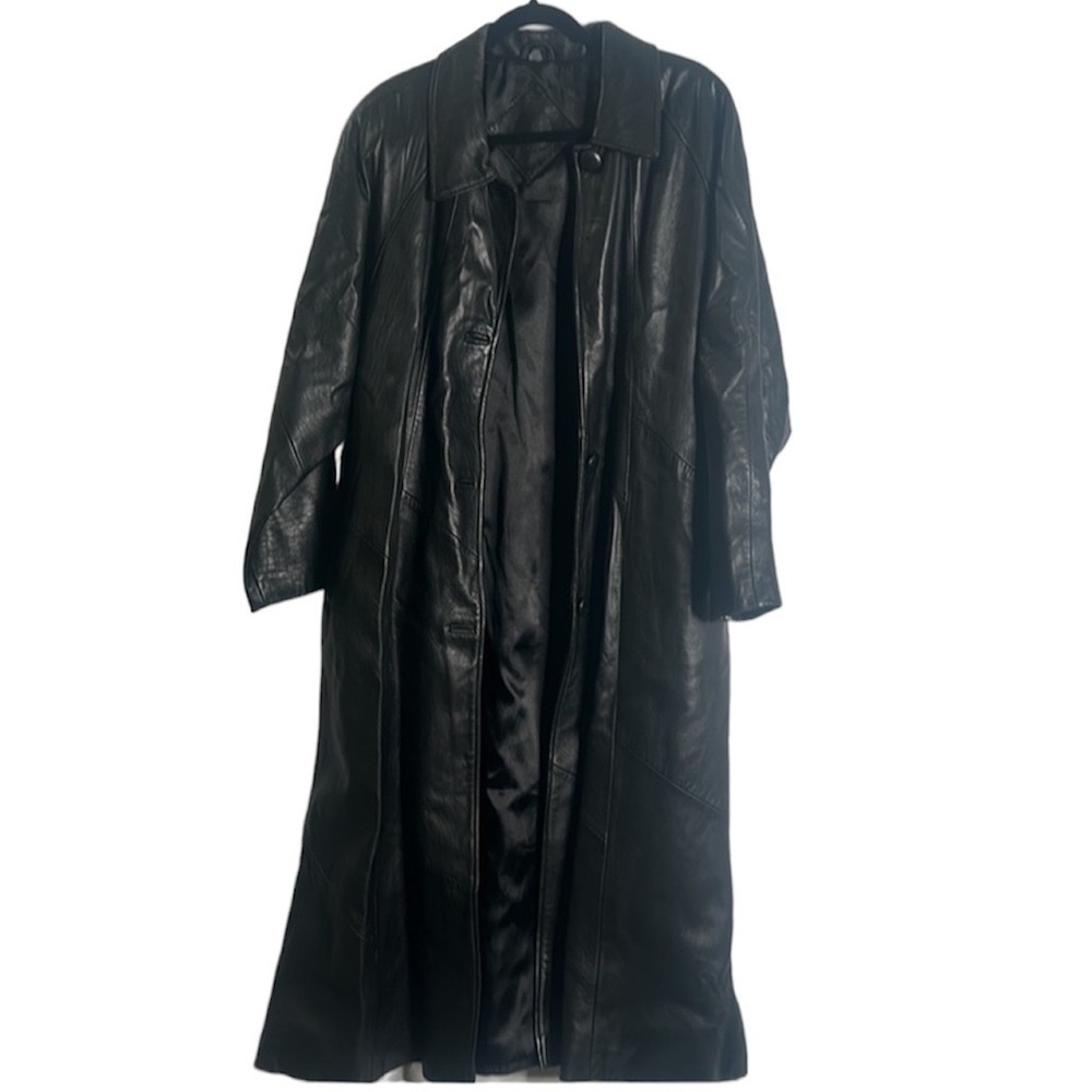 JF black leather long coat size L goth matrix